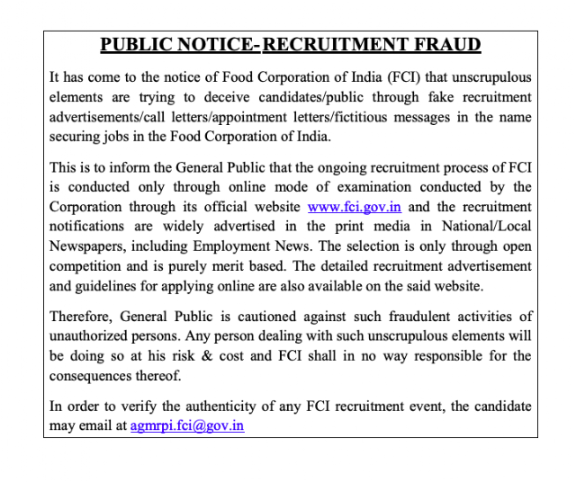 FCI Notice Regarding Recruitment Fraud