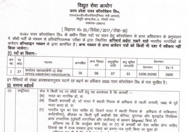 UPPCL Office Assistant Recruitment 2017 PDF Download