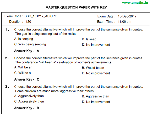 SSC CPO 2017 Paper-2 Question Paper Final Answer Keys PDF