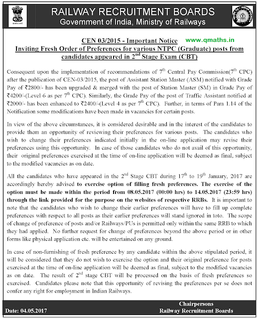 RRB NTPC Official Notice Regarding Change of Post Preference PDF