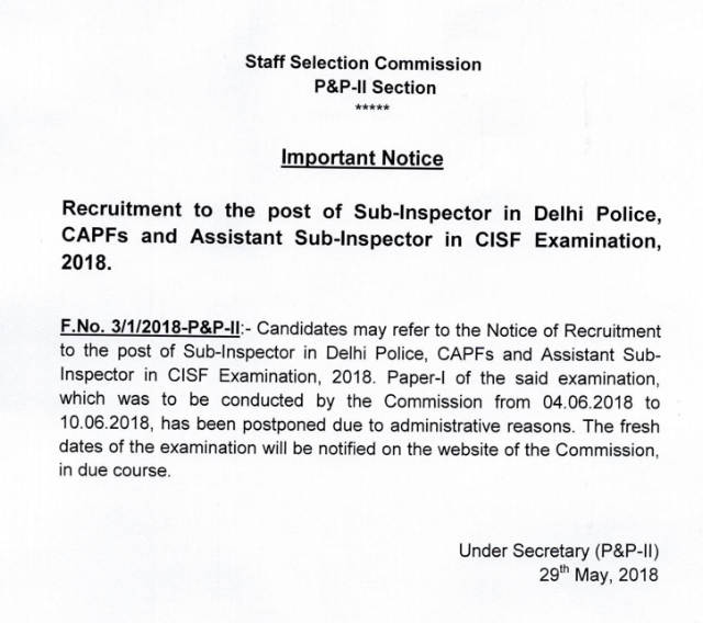 SSC CPO 2018 Tier-1 Postponed Officially, Download SSC Official Notice PDF