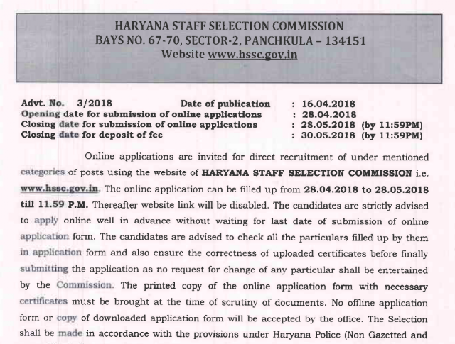 HSSC Recruitment of Sub Inspectors and Constables 2018 (7110 Posts)
