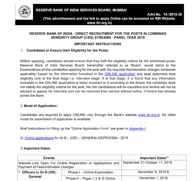 RBI Grade B Recruitment Notification 2019 PDF Download