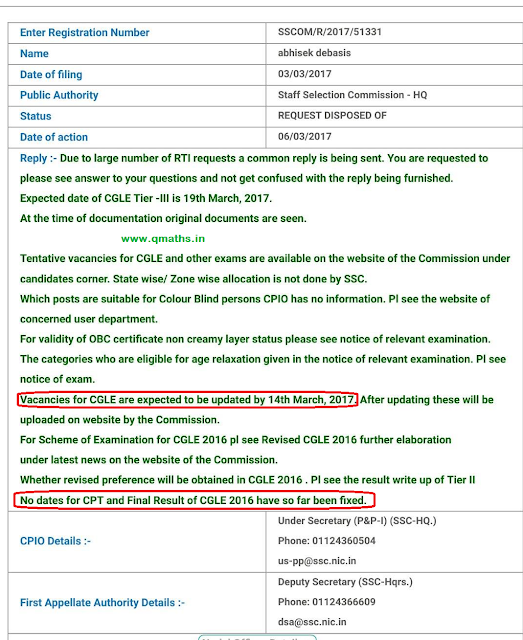 RTI Reply Regarding Multiple Queries for SSC CGL 2016 Examination (06-03-2017)