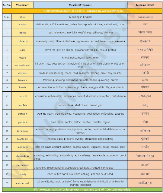 The Hindu Vocabulary with English-Hindi Meanings  (15-10-2017)