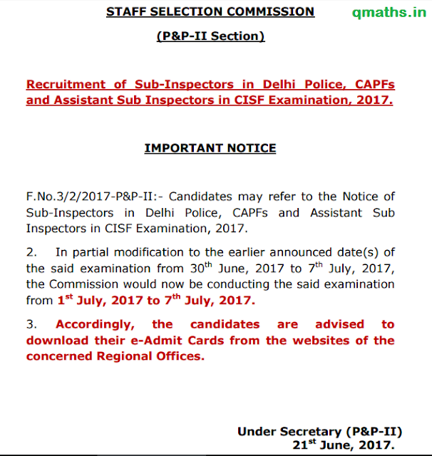 SSC Notice Regarding SSC CPO 2017 Exam Date PDF (21-06-2017)