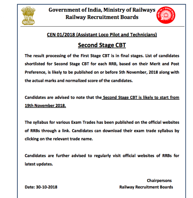 RRB ALP Technician First Stage Result will be published before 05.11.2018