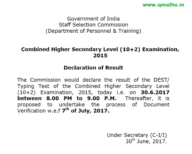 SSC CHSL 2015 DEST/Typing Result will be Declared today between 8-9 p.m.