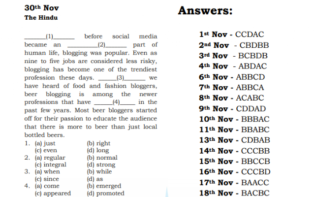 Cloze Test for SSC and Bank Exams Based on Newspapers (Feb-Nov '17)