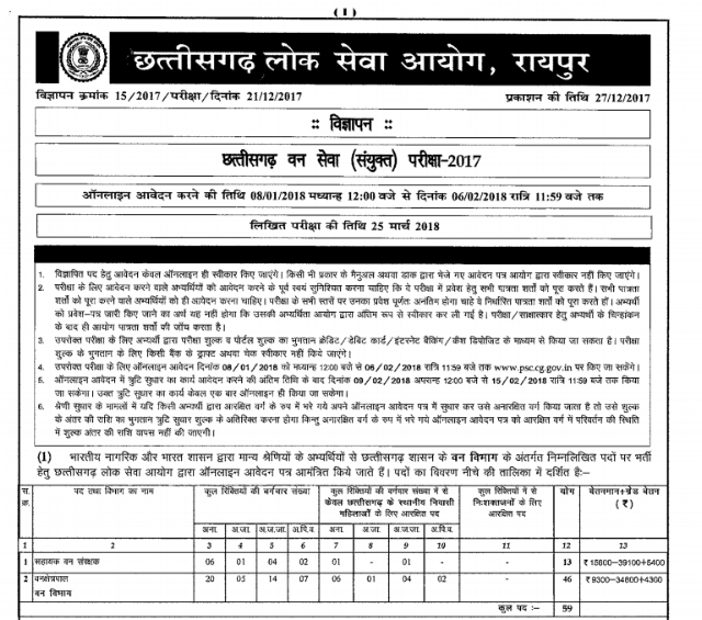 CGPSC Forest Service Recruitment Notification 2017 Download