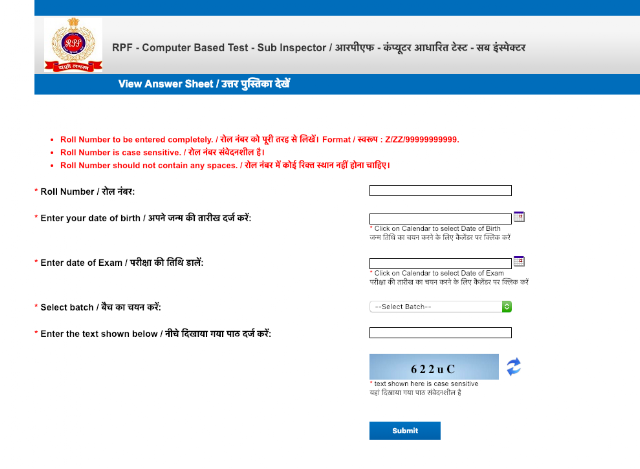 Check Railways RRB SI 2018 Answer Keys