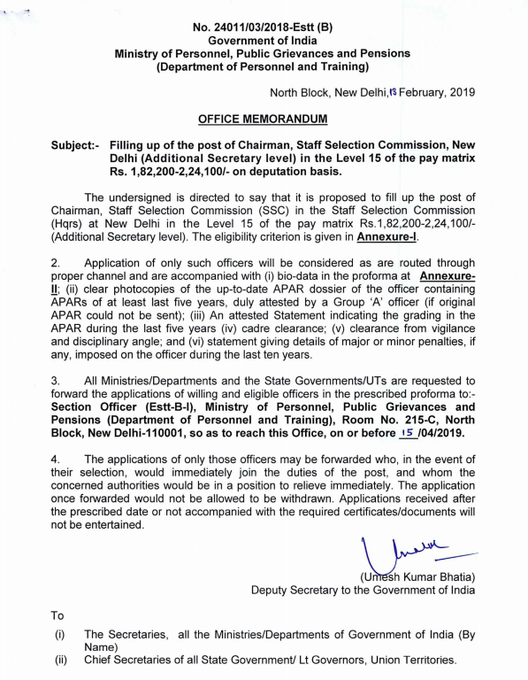 SSC Chairman Vacancy Notification (13.02.2019)