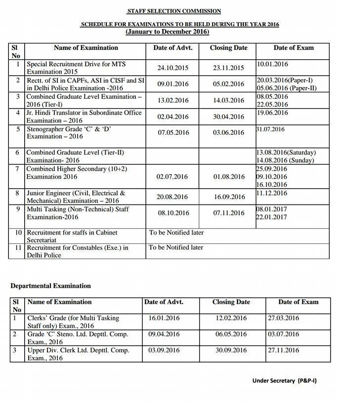 SSC Exam Calendar 2016 Download PDF