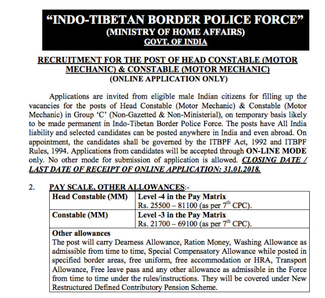 ITBP Head Constable Recruitment Notification PDF Download