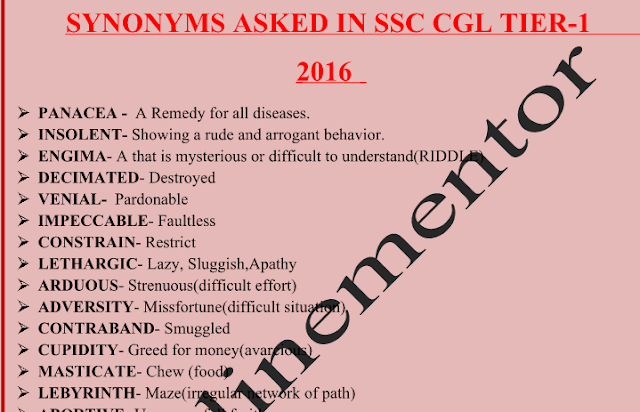 Compilation of Synonyms asked in SSC CGL 2016 Tier-1 Exam PDF Download