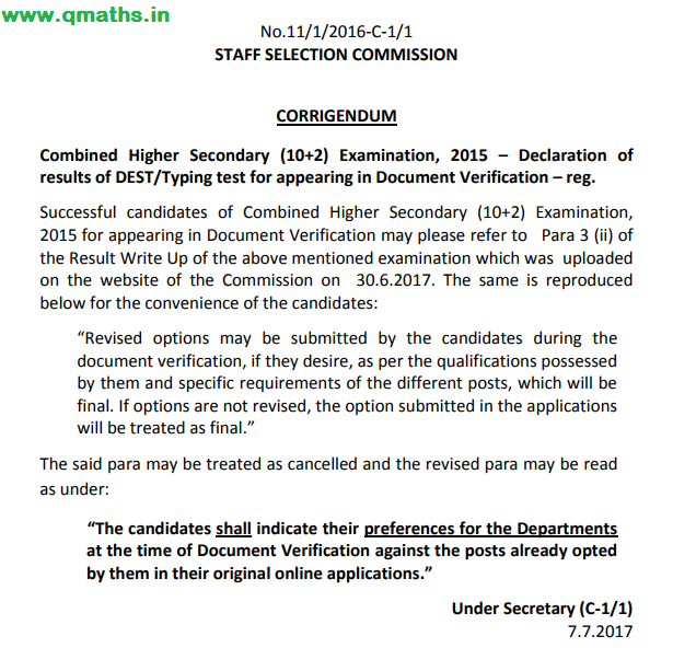 SSC Notice regarding CHSL-2015 Post Preference Change, Download PDF
