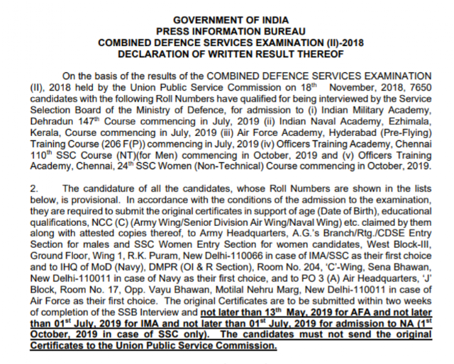 CDS (II) 2018 Written Result Declared, Download PDF