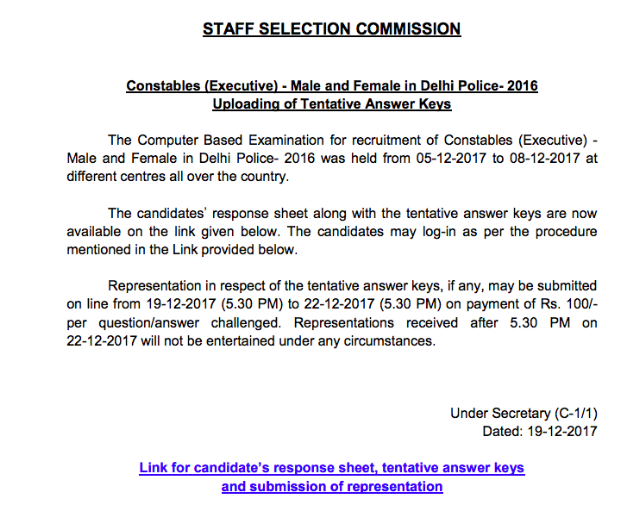 Delhi Police Constable 2016 Answer Keys Download