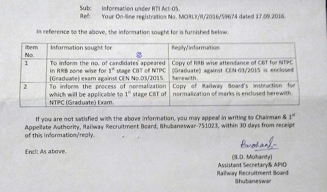 RRB NTPC Marks Normalization Process [RTI Reply] (Board's Instruction)
