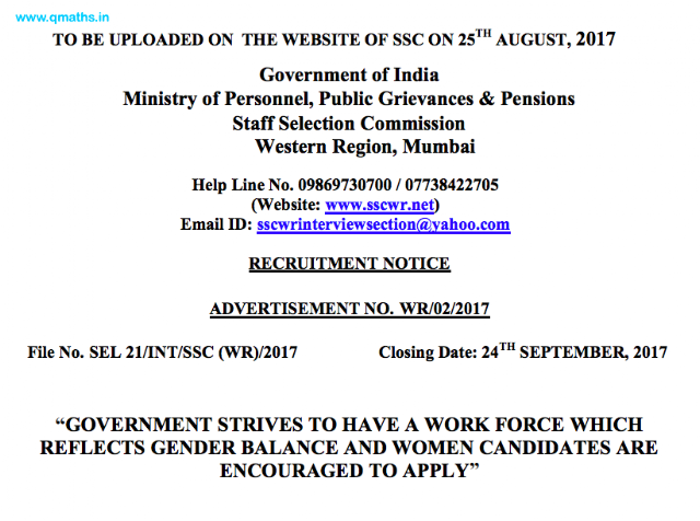 SSC WR Recruitment Notification for Selection Posts (75 Vacancy)
