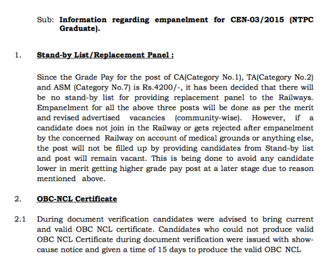 RRB NTPC Information regarding empanelment for CEN-03/2015