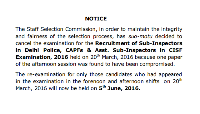 SSC CPO 2016 officially Cancelled, re-exam on 05 June 2016