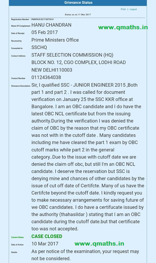 PGPortal Reply Regarding OBC Certificate Cut-off Date (10-03-2017)