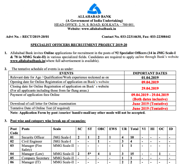 Allahabad Bank Specialist Officers Recruitment Notification 2019 PDF