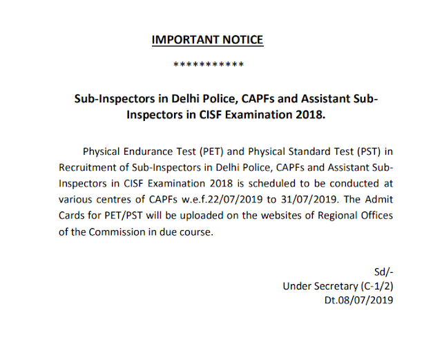 SSC Notice Regarding SSC CPO 2018 PET & PST (08.07.2019)