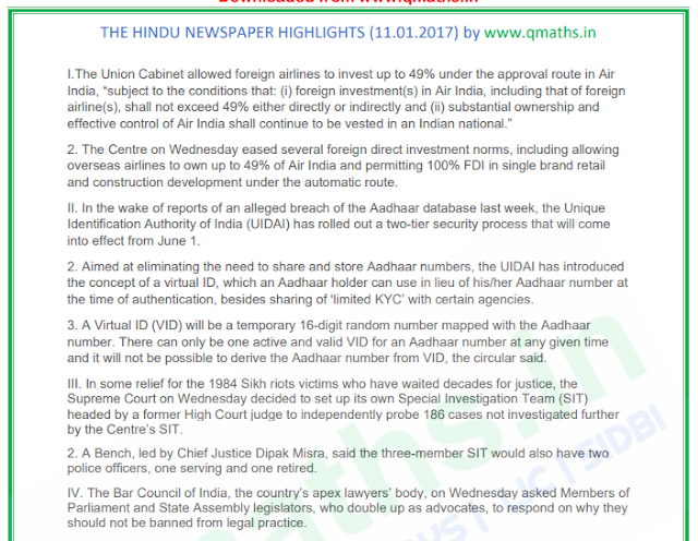 The Hindu Newspaper Summary (11-01-2018) PDF Download