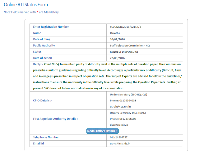Latest RTI Reply for Normalization in SSC CGL 2016 Tier 1