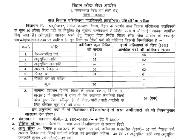 BPSC CDPO Recruitment Notification (59/2017) Pdf Download
