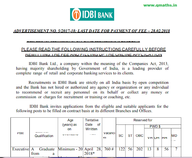 IDBI Bank Executive Recruitment Notification PDF (760 Posts)