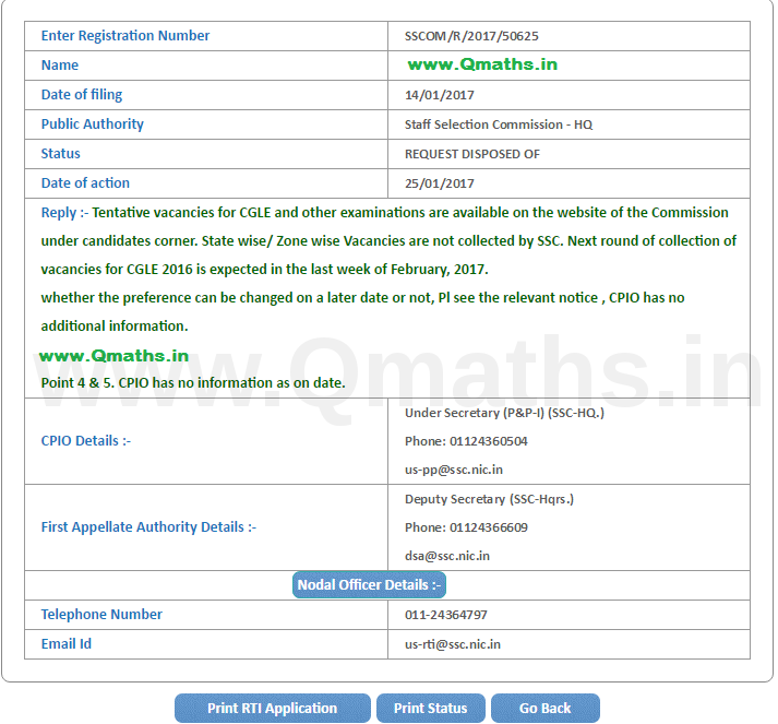 RTI Reply regarding Post Preference and Vacancies in SSC CGL 2016 (25-01-17)