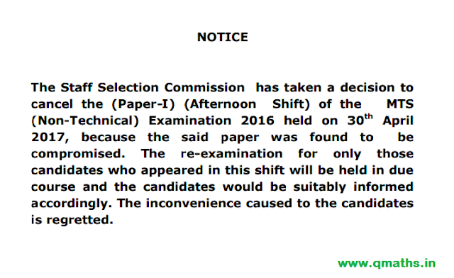 SSC MTS 2017 Cancelled officially (Shift-2) 30-04-2017