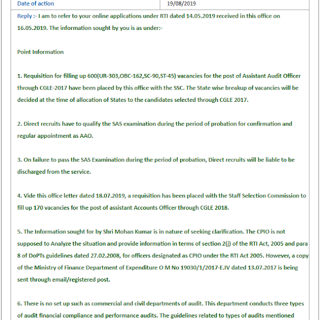 RTI Reply Regarding SSC CGL AAO Post (10 Important Questions)