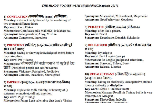 The Hindu Vocabulary with Mnemonics August '17 (Hindi English) PDF