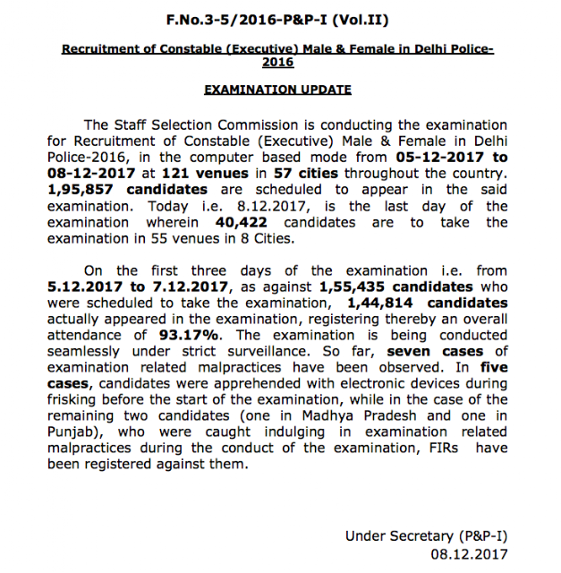 SSC Exam Update Notice for DP Constable Exam 2016