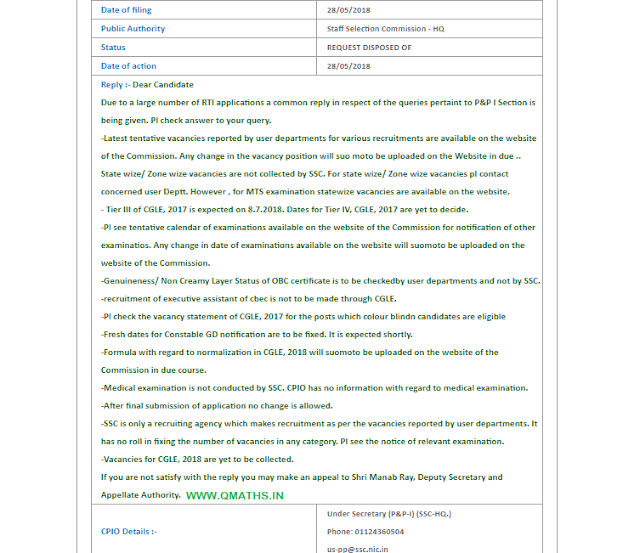 SSC RTI Reply on Multiple Issues (28.05.2018)