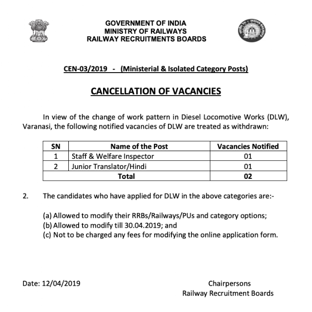 Railways Notice Regarding Cancellation of Vacancies (CEN - 03/2019)