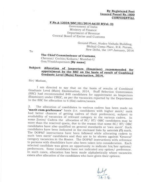 SSC CGL 2014 Zone Allocation of Examiner and PO (Preventive Officer)