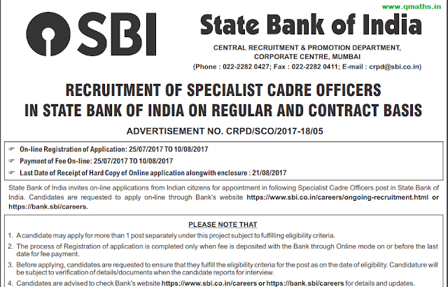 SBI Specialist Officers recruitment official Notification 2017 in PDF