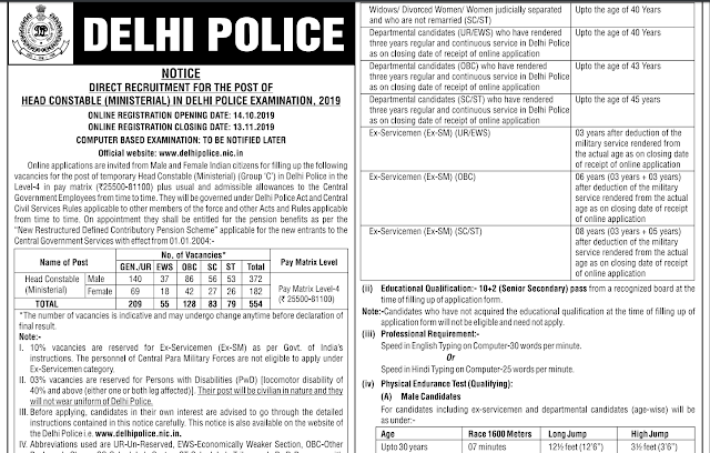 Delhi Police Head Constable Recruitment Notification 2019 PDF (554 Vacancies)