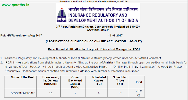 IRDAI Recruitment Notification 2017 for Assistant Managers