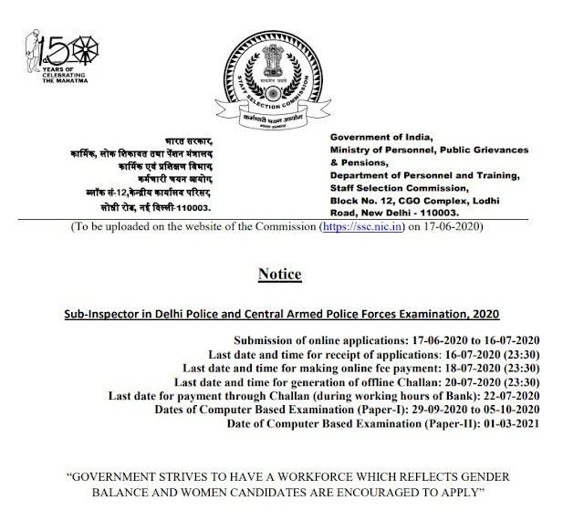 SSC CPO 2020 Notification PDF Download
