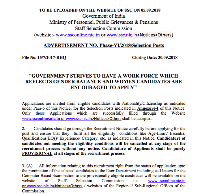 SSC Selection Post VI Recruitment Notification PDF