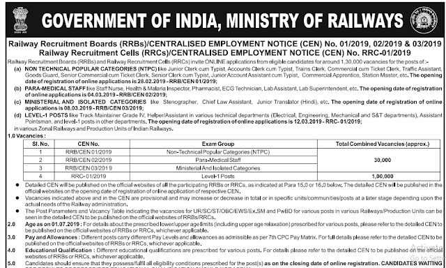 RRB Railways Official Notice Regarding recruitment of 1.3 lakhs posts in Railways