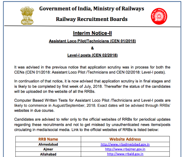 RRB ALP - Technician 2018 Exam will be Held from August / September 2018 (Official Notice)