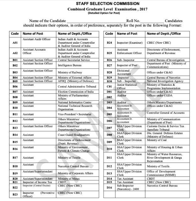 SSC CGL 2017 Post Preference Form PDF Download (Official)