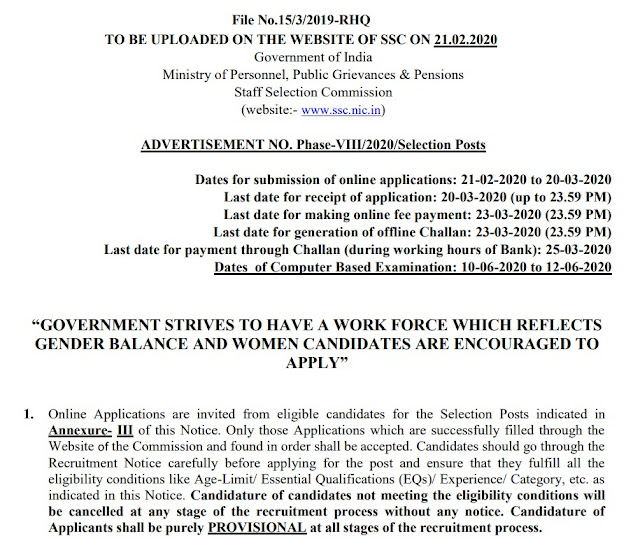 SSC Selection Post VIII (2020) Notification PDF Download